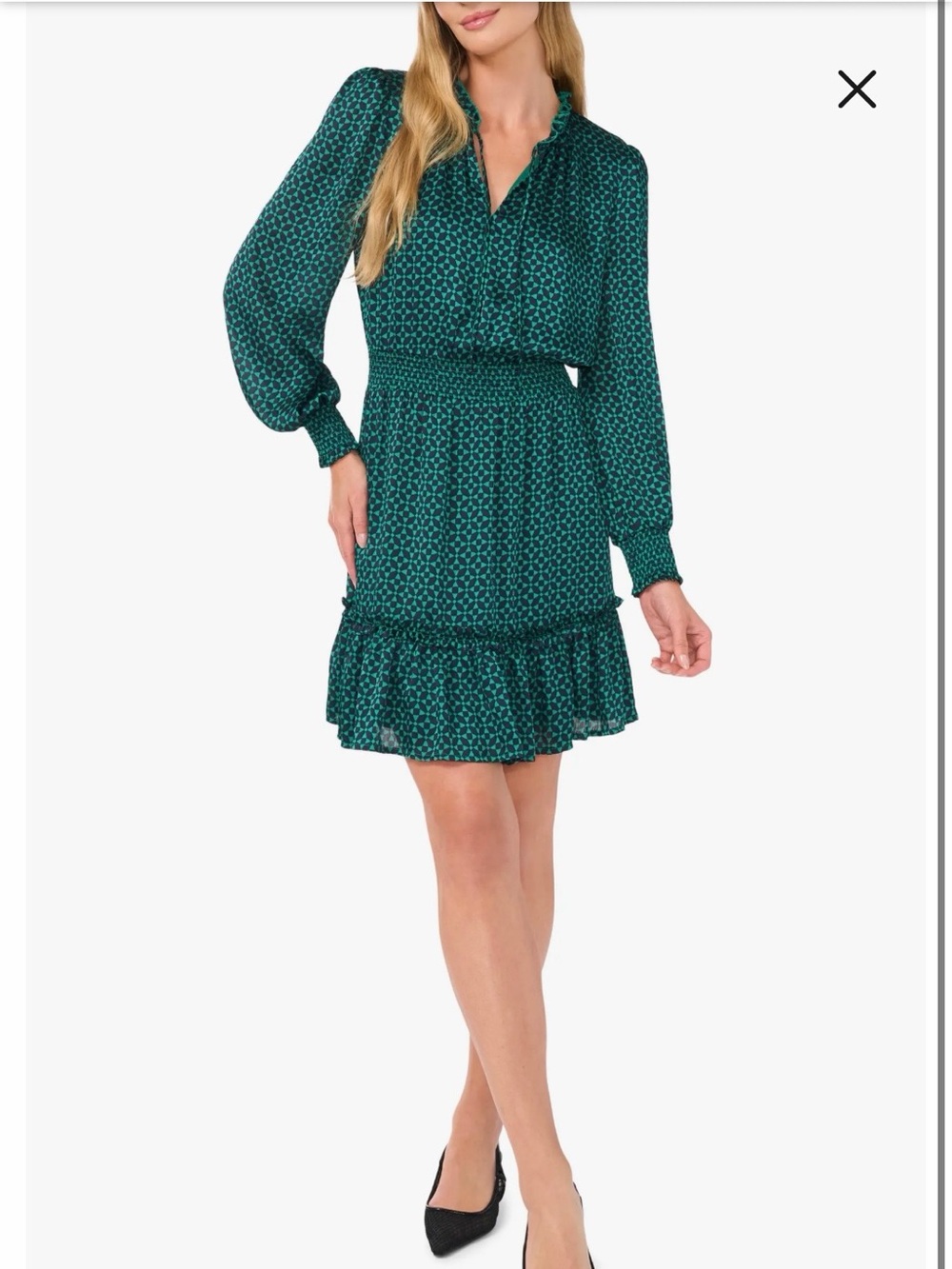 NWT CeCe Tie Neck Ruffled Neck & Hem -SZ L- Green Long Sleeve Smock Waist Dress
